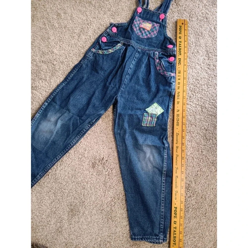 Vintage OshKosh B'Gosh Girls Vestbak Sz 6X Denim Overalls USA Patches Plaid Pink
